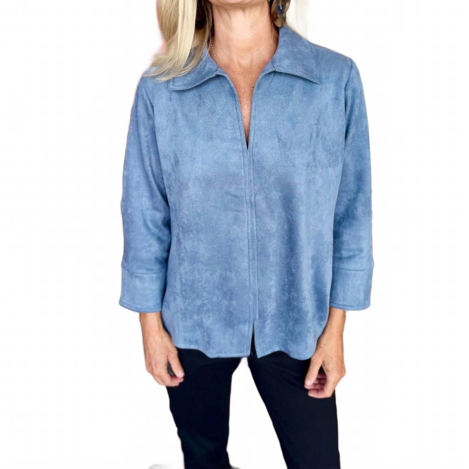 New Boho Chic Suede V-Neck Blouse In Blue